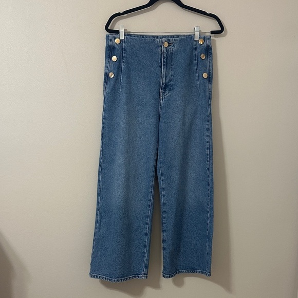 Zara Women’s Wide Leg Cropped Denim Jeans with Gold Buttons Size 8 Chic Modern - Picture 5 of 12